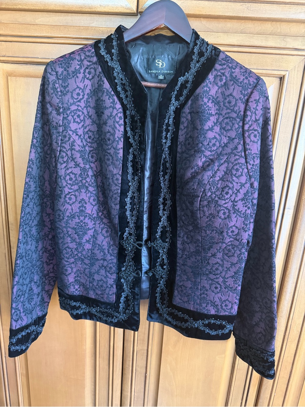 Sandra Darren Purple Brocade Open-Front Jacket with Black Trim